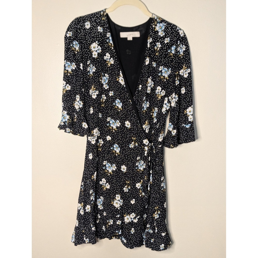 Loft Black Floral Polka Dot Wrap Dress V-Neck Ruffle Trim Size 2 496819